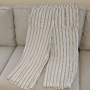 Relaxed Striped Womens Linen-Blend Pants - White & Black